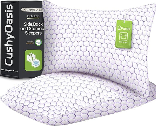 Shredded Foam Pillow for Sleeping, Cooling Bed Pillows Set of 2, Adjustable Pillows for Side, Back, Stomach Sleepers with Washable Pillowcase (Standard Size, Purple)