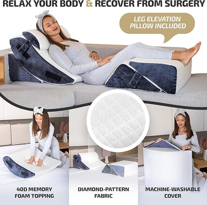 5pcs Orthopedic Bed Wedge Pillow Set w/Leg Elevation Pillow - Perfect Adjustable Memory Foam Pillows for After Surgery Recovery, Back Support, Pain Relief, Acid Reflux, Sleeping & GERD