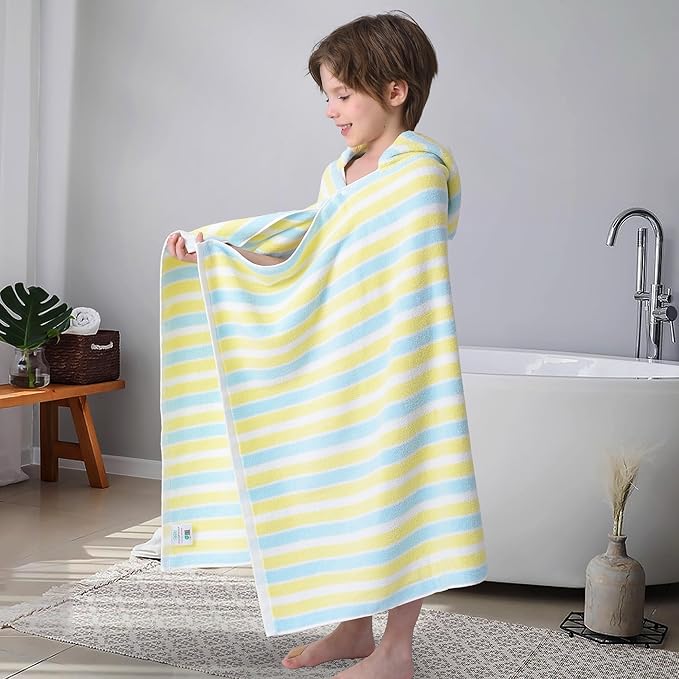 VOOVA & MOVAS Kids Beach Towels with Hood Lightweight - 100% Cotton (3-10Years) - Quick Dry Absorbent Towel for Pool | Swim | Beach | Bath, Boys Wrap Towel with Hood, Yellow Blue Stripe
