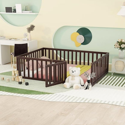 Full Size Floor Bedframe with Door and Safety Guardrails Fence, Solid Wooden Toddler Montessori Platform Bed for Children Bedroom, Boys Girls, Kids Playroom