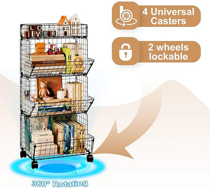 Bath Toy Storage Organizer, 4 Tier Rolling Outdoor Toy Storage, Wire Toy Organizer Kids Bookshelf for Playroom Bedroom (Black, Extra Large)