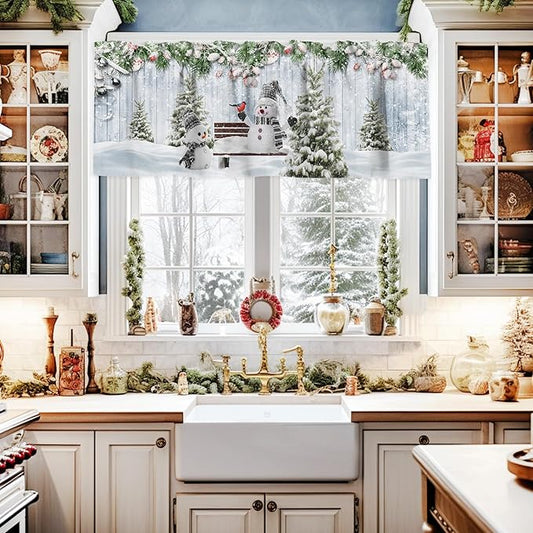 Merry Christmas Valance Curtains for Kitchen Windows Xmas Snowman Snowy Pine Tree Rod Pocket Window Treatment Toppers for Kitchen/Living Room/Bedroom/Bathroom, 42" X 12", Blue Winter