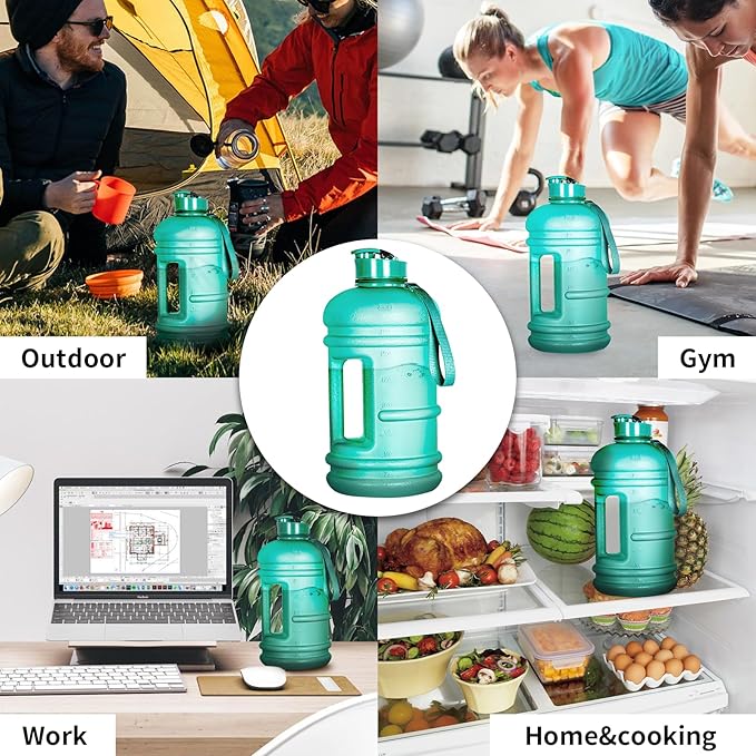 TOOFEEL 2.2 Liter 74 oz Reusable Clear Water Bottles - 100% Leak Proof BPA Free Water Bottle that Tracks Water Intake with Visible Volume Water Jugs for Sports Bottle (Clear Matte Green Water Bottle)