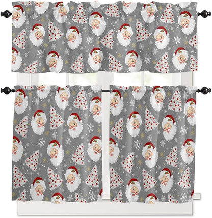 Grey Christmas Kitchen Curtains and Valances Set, Santa Claus Merry Christmas Tree Windows Treatments Tiers Half/Short Curtains for Small Windows Cafe/Living Room/Bedroom 54x36 in Winter Snowflake