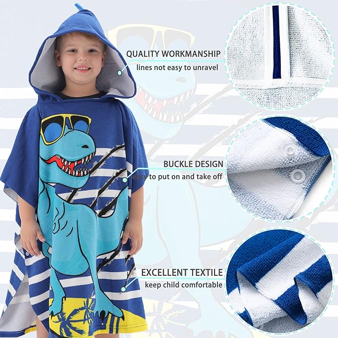 NovForth Dinosaur Bath Towel for Toddler Boys, Pool Hooded Towel for Kids, Hooded Bath Beach Towel Poncho for Bath/Pool/Beach Swim Cover