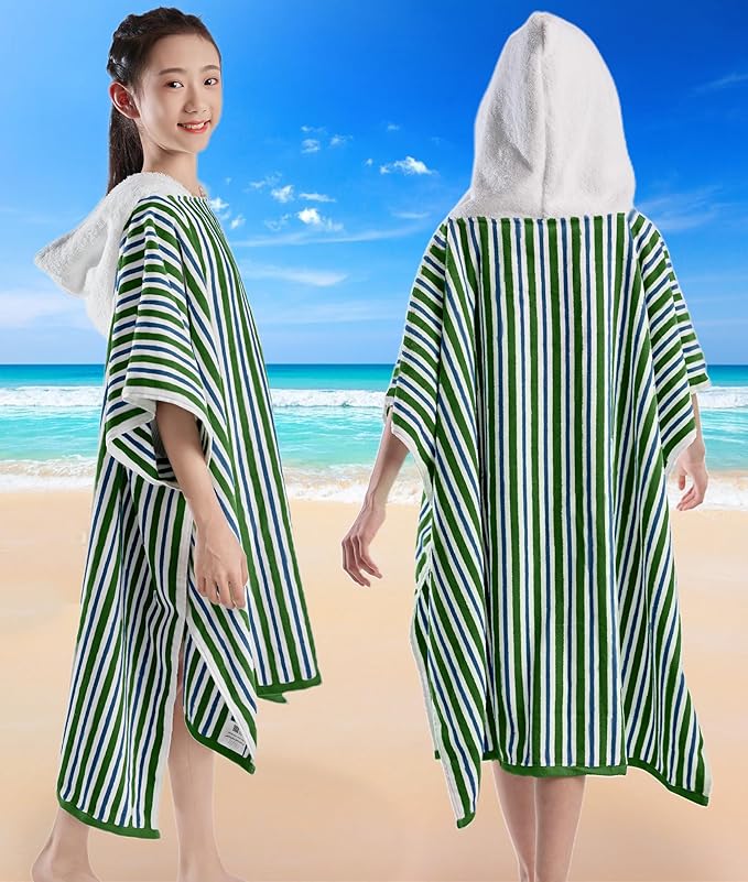 VOOVA & MOVAS Big Kids Hooded Towel Poncho | Large, Soft, Absorbent Cotton | 8-16 Years | Versatile for Pool, Swim,Beach and Bathroom | Navy Blue&Green