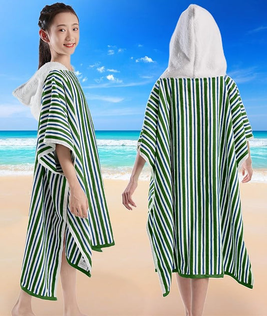 VOOVA & MOVAS Big Kids Hooded Towel Poncho | Large, Soft, Absorbent Cotton | 8-16 Years | Versatile for Pool, Swim,Beach and Bathroom | Navy Blue&Green