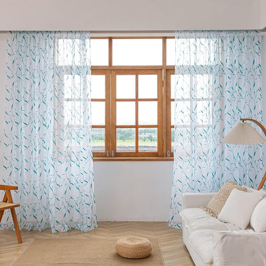 Windows Sheer Curtains Embroider Green Leaf 108 Inches Length 2 Panels Voile Light Filtering Sheer Curtains Panel Basic Rod Pocket for Bedroom Living Room Children Room
