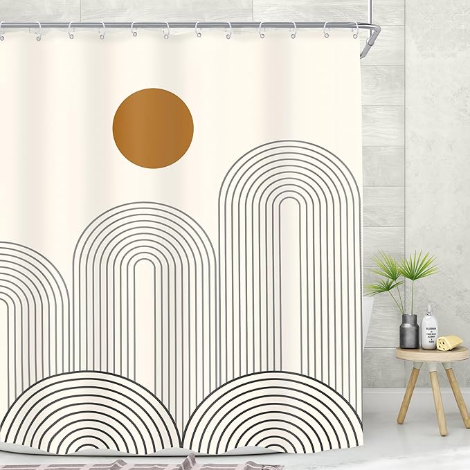 MESHELLY Boho Mid Century Shower Curtain 60Wx72H Abstract Modern Sun Minimalist Arch Simple Geometric Bathroom Curtain Beige Brown Bath Curtain Cloth Fabric Bathroom Accessories Decor with 12 Hooks