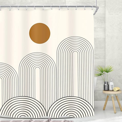 MESHELLY Boho Mid Century Shower Curtain 60Wx72H Abstract Modern Sun Minimalist Arch Simple Geometric Bathroom Curtain Beige Brown Bath Curtain Cloth Fabric Bathroom Accessories Decor with 12 Hooks