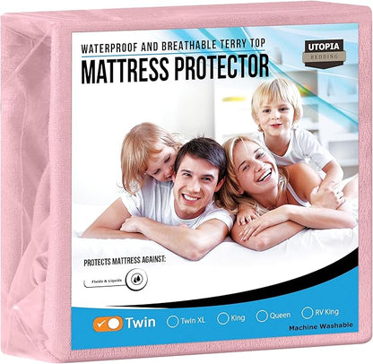Utopia Bedding Waterproof Mattress Protector Twin Size, Premium Terry Mattress Cover 200 GSM, Breathable, Fitted Style with Stretchable Pockets (Pink)