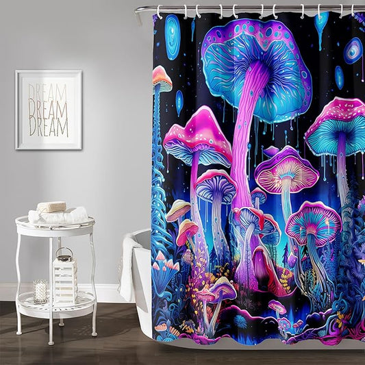 AILONEN Mushroom Shower Curtain for Bathroom, 3D Oil Painting Mushroom Bath Curtain,Blue Purple Fairy Fantasy Fungus Botanical Decoration Waterproof Curtain with 12 Plastic Hooks, 72" W*78" H