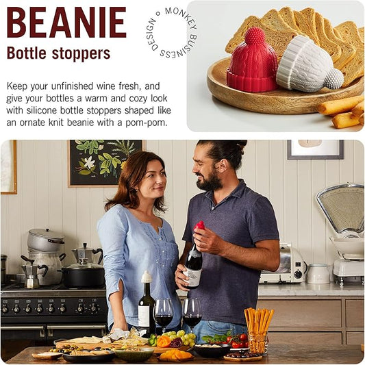 Beanie Cap Decorative Silicone Bottle Stopper in a Gift Box, Set of Two, Novelty Cork, Beverage and Wine Keeper, Champagne Bottle stoppers (Red & Grey)