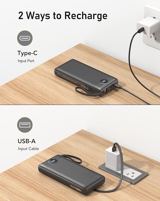 VEEKTOMX Power Bank with Built in Cables 20000mAh, Portable Charger for iPhone, USB C LED Display External Battery iPhone Charger Compatible with iPhone, iPad, Samsung and Android Devices for Travel