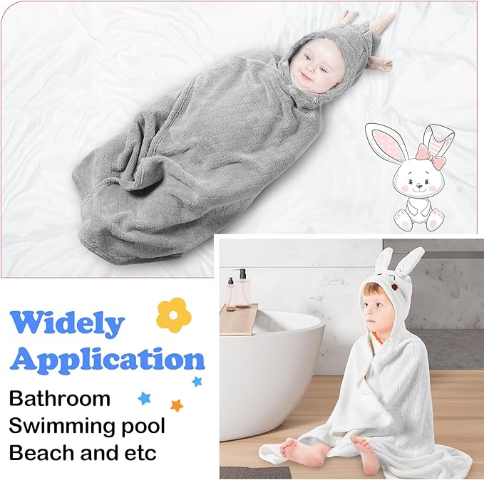 2 Pcs Toddler Hooded Bath Towel 50" x 32'' Thick Animal Hooded Towel for Kid Absorbent Baby Bath Towel Bathrobe Blanket for Boy Girls 0-5 Years(Light Grey, White, Unicorn, Rabbit)