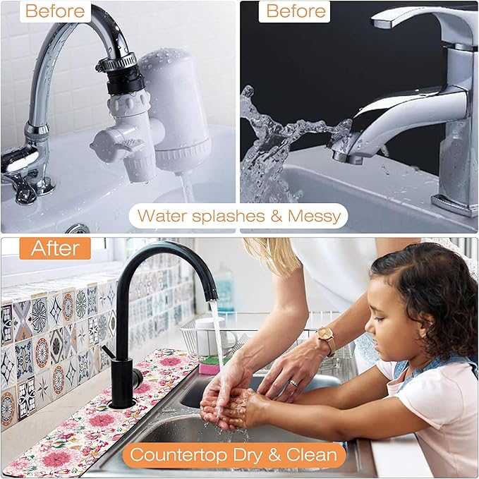 Kitchen Faucet Mat Artistic Floral Kitchen Sink Splash Guard Faucet Mat,1 PC Splash Guard Behind Faucet Drip Catcher for Kitchen,Sink Mat,Dish Drying Mat,Bathroom Faucet Mat 23.5""X5.5""