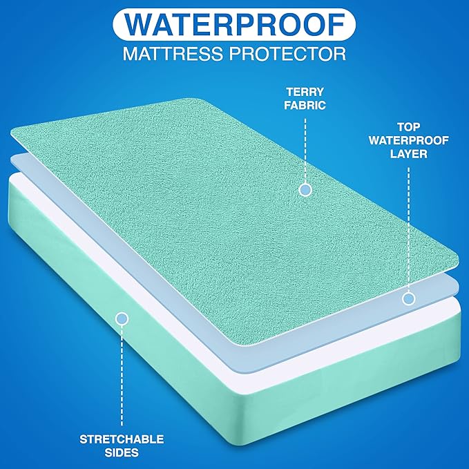 Utopia Bedding Waterproof Mattress Protector Twin Size, Premium Terry Mattress Cover 200 GSM, Breathable, Fitted Style with Stretchable Pockets (Spa Blue)