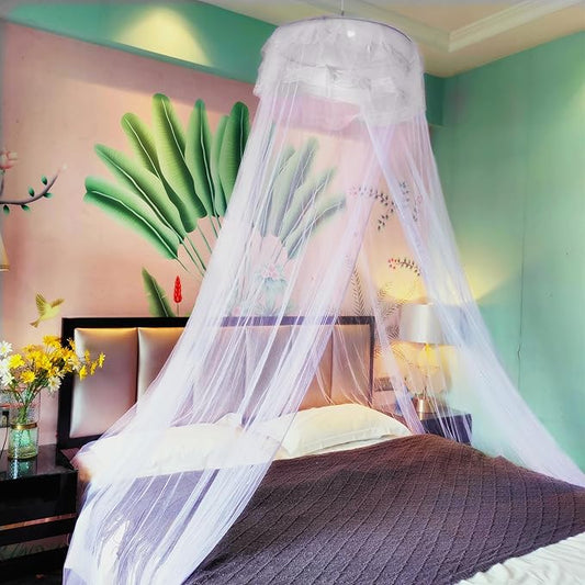 Eimilaly Lace Bed Canopy Mosquito Netting with Warm Lights, Princess Bed Canopy for Girls Room Decor, White/Single Door
