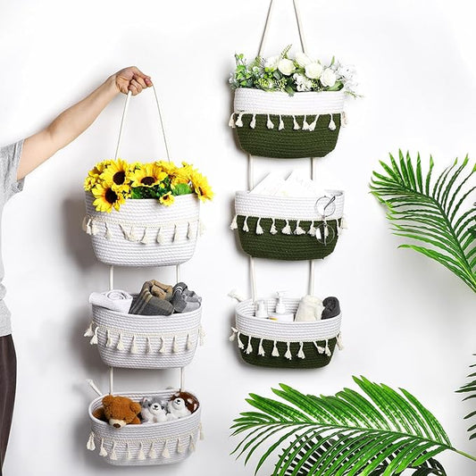 Over the Door Hanging Basket Boho Woven Wall Hanging Baskets 3-Tier Cotton Wall Mounted Storage Organizer Bag Macrame Decorative Hanging Baskets for Kitchen Laundry Room Stairs(White)