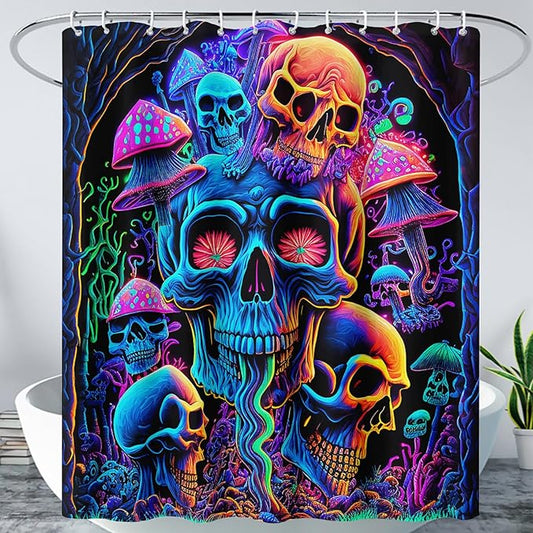 AILONEN Mushroom Skull Shower Curtain for Bathroom,Purple Mushroom Skull Bath Curtain,Fantasy Fairy Skull Skeleton Decoration Bathroom Waterproof Shower Curtain with 12 Plastic Hooks, 72" W*96" H