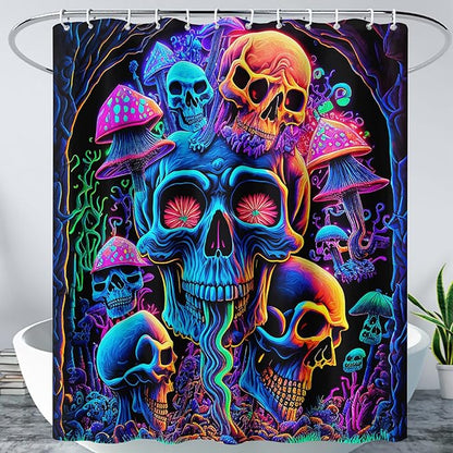 AILONEN Mushroom Skull Shower Curtain for Bathroom,Purple Mushroom Skull Bath Curtain,Fantasy Fairy Skull Skeleton Decoration Bathroom Waterproof Shower Curtain with 12 Plastic Hooks, 36" W*72" H