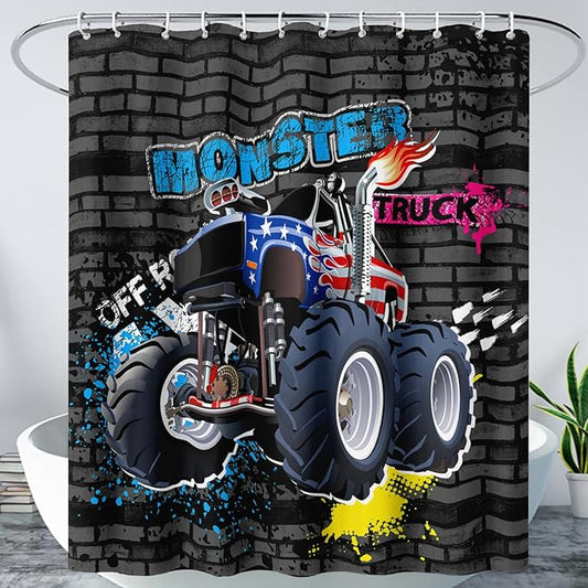 AILONEN Monster Truck Shower Curtain, Black Retro 3D Printed Truck Bath Curtain for Boys,Red Blue Truck Car Bathroom Decor Waterproof Fabric 60" W*72" H Inch with 12 Plastic Hooks