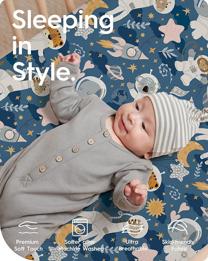 Graco Pack and Play Sheets Fitted, TotBasic Ultra Soft Mini Crib Sheets Boy, Neutral Pack N Play Mattress Sheets Hypoallergenic and Soothing, Premium Jersey Playrad Sheets, 2 Pack (Dino Space)