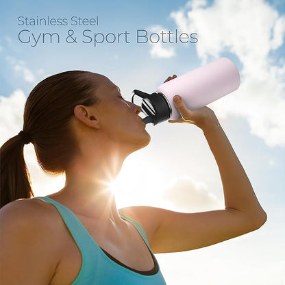 SipX™ Triple-Insulated Stainless Steel Water Bottle 32oz. With 3 Lids, BPA-Free Reusable Insulated Water Bottle Keeps Cold 24 Hours, Metal Water Bottle Made Of Sustainable Material For Hiking & Biking