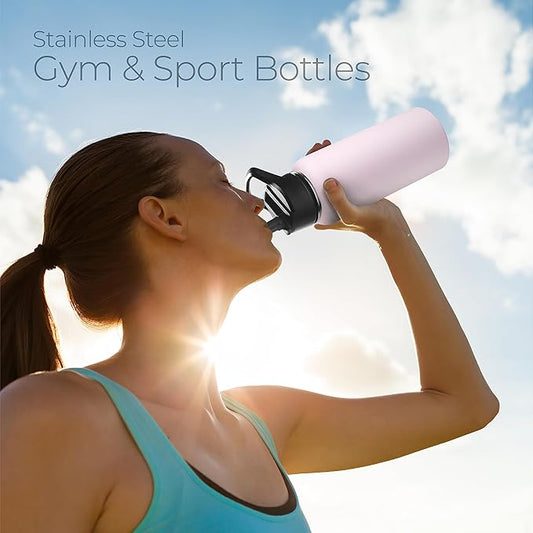 SipX™ Triple-Insulated Stainless Steel Water Bottle 32oz. With 3 Lids, BPA-Free Reusable Insulated Water Bottle Keeps Cold 24 Hours, Metal Water Bottle Made Of Sustainable Material For Hiking & Biking
