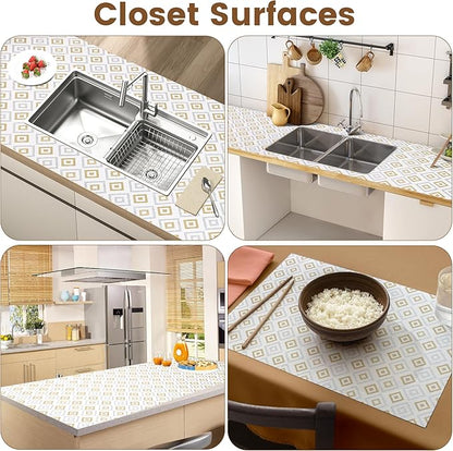 Shelf Liners for Kitchen Cabinets 24in X 20FT, Non Adhesive Cabinet Liner Strong Non-Slip Thickened Gold Geometric Drawer Liner, Washable liner Easy to Clean for Shelf