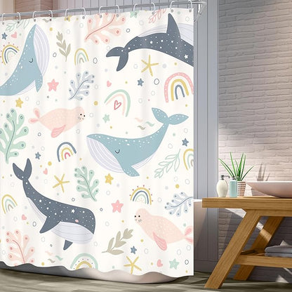 Kids Shower Curtain Ocean Cute Whale Rainbow Girls Cartoon Funny Sea Animal Underwater 60Wx72L Inch Shower Curtain Bathroom Set Colorful Lovely Bath Curtain Bathtub Accessories Home Decor