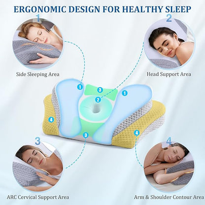 Cervical Pillow for Head & Neck Support - Memory Foam Cervical Neck Pillow with Two Height Levels, Washable Pillowcase, Ergonomic Pillows for Bed for Side Back Stomach Sleepers