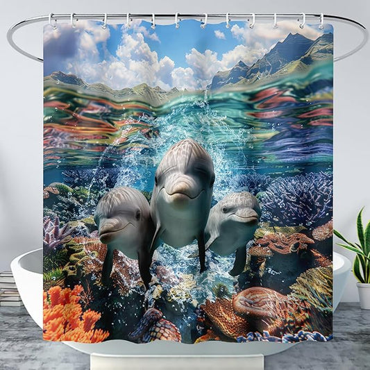AILONEN Cute Dolphin Shower Curtain,Ocean Dolphin Bath Curtain,Tropic Sea Coral Beach Curtain,Boys Girls Kids Curtain for Bathroom Decor Waterproof, 60" W x 72" H