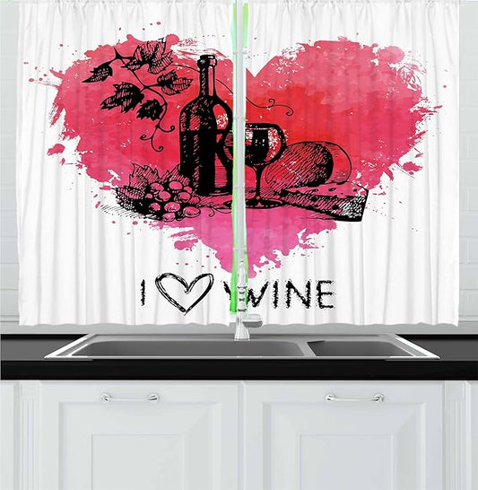 Ambesonne Wine Kitchen Curtains, Hand Drawn Sketch Illustration with Splash Watercolor Heart I Love Wine Theme, Window Drapes 2 Panel Set for Kitchen Cafe Decor, 55" x 36", Black Coral