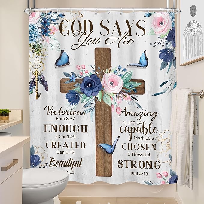MESHELLY Christian Flower Shower Curtain 60Wx72H Rustic Farmhouse Cross Teal Bible Verse Scriptures Bathroom Curtain Inspiration Quote Bath Curtain Fabric Motivational Bathroom Decor with 12 Hooks