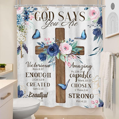 MESHELLY Christian Flower Shower Curtain 60Wx72H Rustic Farmhouse Cross Teal Bible Verse Scriptures Bathroom Curtain Inspiration Quote Bath Curtain Fabric Motivational Bathroom Decor with 12 Hooks