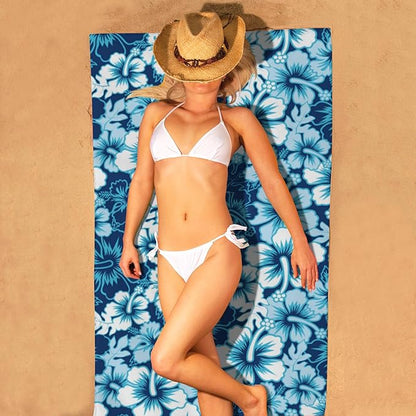 Beach Towel, Blue Hibiscus Floral Beach Towel Oversized Sand Proof Absorbent, Quick-Dry Bath Pool Swim Towel for Shower Spa Vacation, 29.5” X 59”
