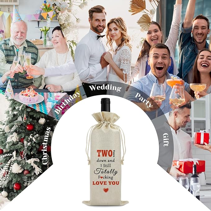 2nd Anniversary Marriage Gift for Couple Wine Bag 2 Years Anniversary Wedding Gift for Wife Husband Wine Gift Bag Two Anniversary Valentine Birthday Christmas Gift Drawstring Wine Wrapping Bag