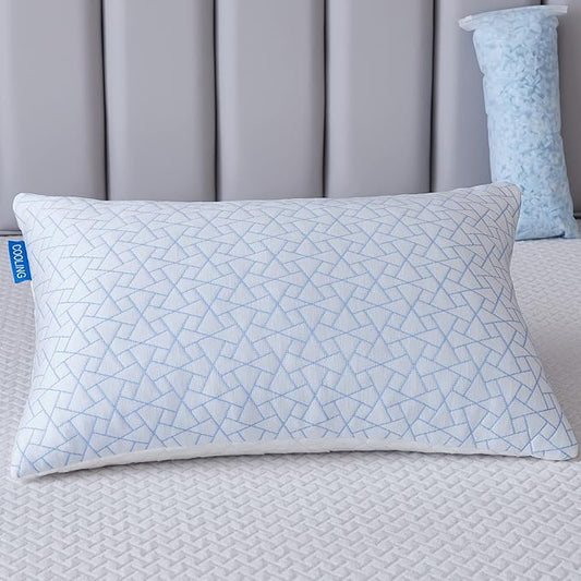Pillows Standard Size - Adjustable Firm Pillow for Back Stomach and Side Sleeper - Shredded Memory Foam Cooling Pillow for Neck and Shoulder Pain with Washable Cover and Bonus Foam Fill