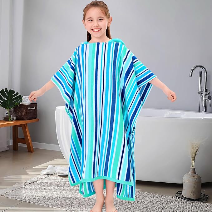 VOOVA & MOVAS Teens Hooded Poncho Towels (8-16Years), 100% Cotton Thick Poncho Towel Robe for Kids, Perfect for Pool, Beach, Bath and Gifts,Blue Green Stripe