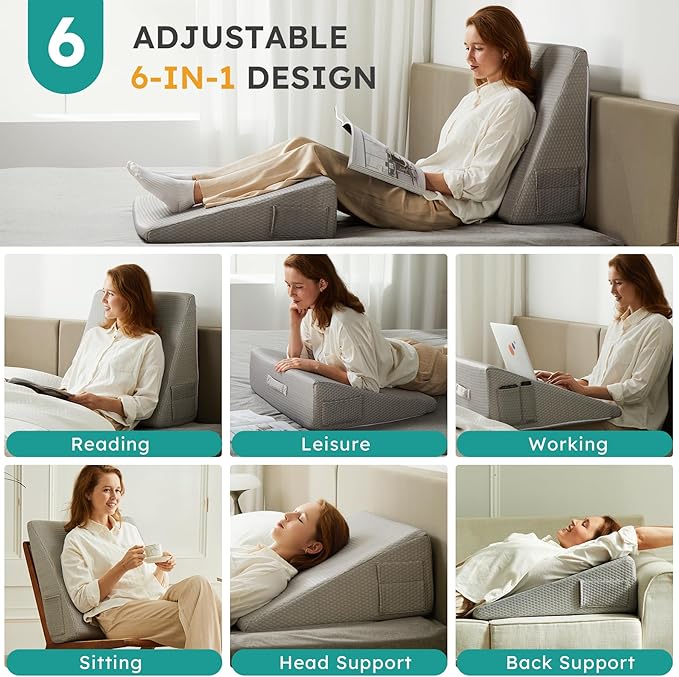 Wedge Pillow for Sleeping, 10 inch Elevated Support Bed Wedge Pillow, Breathable Triangle Pillow Wedge with Cooling Memory Foam Top - Removable Washable Cover, Grey