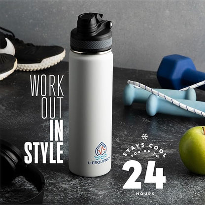 Insulated Water Bottle with Straw and Handle 22 oz-Stainless Steel Water Bottles with Straw, Dual Cap Function & Sleeve, Keeps Drinks Hot Up to 12 Hours & Cold Up to 24 Hours (White)