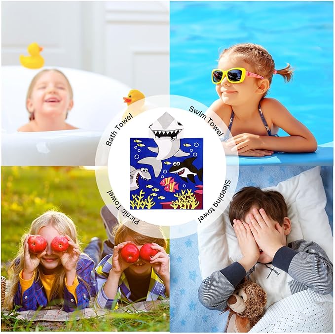 Kids Shark Hooded Beach Towel Boys Cute Poncho Pool Beach Towels with Hood 24*47 in Soft Microfiber Swim Cover-ups for Kids Ages 3-10 Thick Absorbent Cotton Hooded Bath Towel Wrap Bathrobe