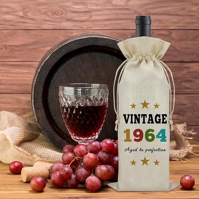 Sazuwu Vintage 1964 Gifts for Women Men Wine Bag Happy 60th Birthday Mom Gifts 60 Year Old Birthday Gifts for Dad Wine Accessories Gifts for Wine Lovers Turning 60 Gifts for Grandma Grandpa