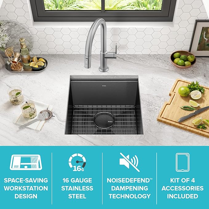 KRAUS Kore 17 Inch Undermount Workstation 16 Gauge Stainless Steel Single Bowl Kitchen Bar Sink n PVD Gunmetal Finish with Accessories, KWU1101-17-PGM