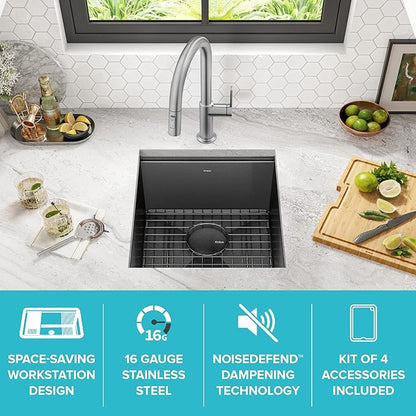 KRAUS Kore 17 Inch Undermount Workstation 16 Gauge Stainless Steel Single Bowl Kitchen Bar Sink n PVD Gunmetal Finish with Accessories, KWU1101-17-PGM