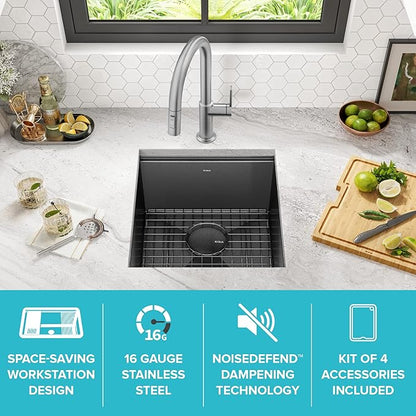 KRAUS Kore 17 Inch Undermount Workstation 16 Gauge Stainless Steel Single Bowl Kitchen Bar Sink n PVD Gunmetal Finish with Accessories, KWU1101-17-PGM