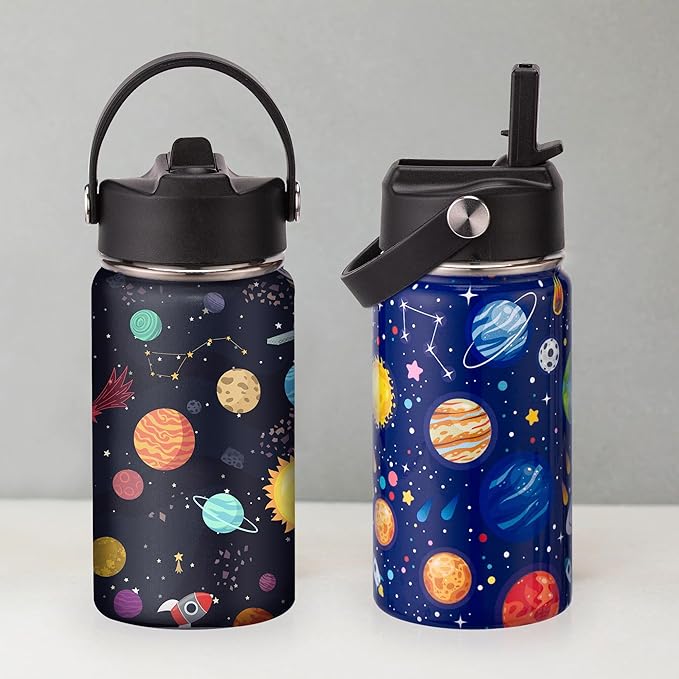 Kids Insulated Water Bottle, 2 Pack 12oz Space Water Bottles Bulk with Flip Straw & Big Handle, 18/8 Stainless Steel, Gifts for Kids Boys Girls to School Travel Sports, Hands Wash Only, Blue & Black
