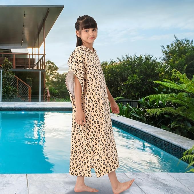 VOOVA & MOVAS Changing Towels Robe for 8-14 Girl Teens,100% Cotton Poncho Towel, Large Absorbent Hooded Towel Dress for Pool | Beach | Bath | Swim, Leopard Print