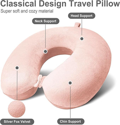 Neck Pillow for Airplane Travel, 100% Pure Memory Foam Travel Neck Pillow for Sleeping & Travel Essentials for Neck Rest, Pink, Pack with Box